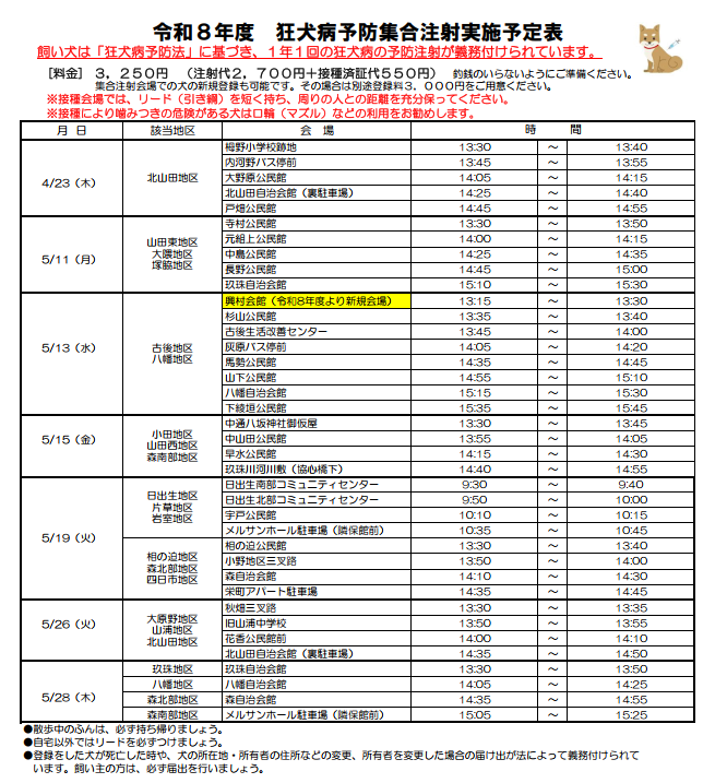 令和8年度狂犬病予防集合注射日程