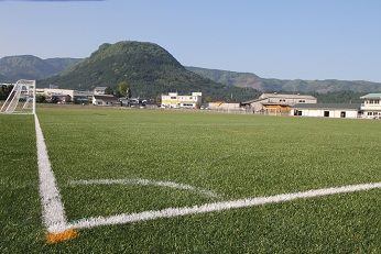 人工芝の上にサッカーゴールが置いてあり、ゴール線上に白線でラインが引いてあるフィールドの写真