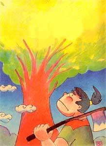 斧を左手に持ち不安そうに大樹を見上げるきこりを描いた伐株山（きりかぶさん）の童話の挿絵の写真