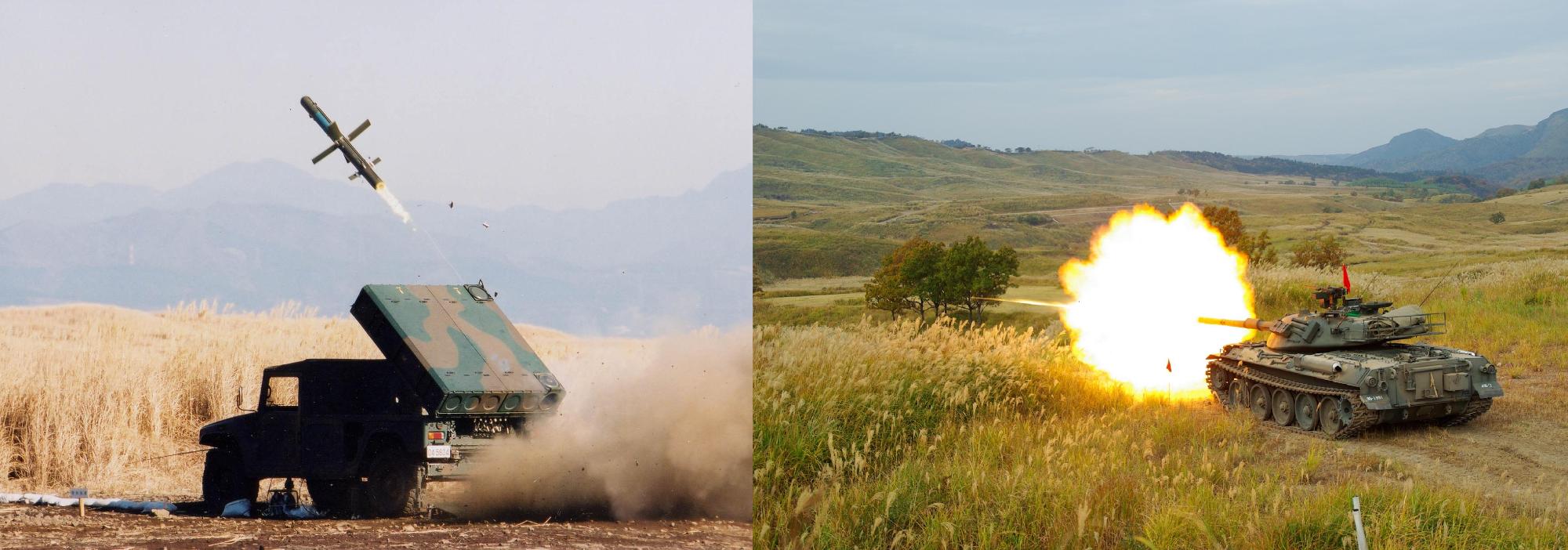 左：自衛隊演習場でミサイルを発射している写真、右：戦車から弾を発射している写真